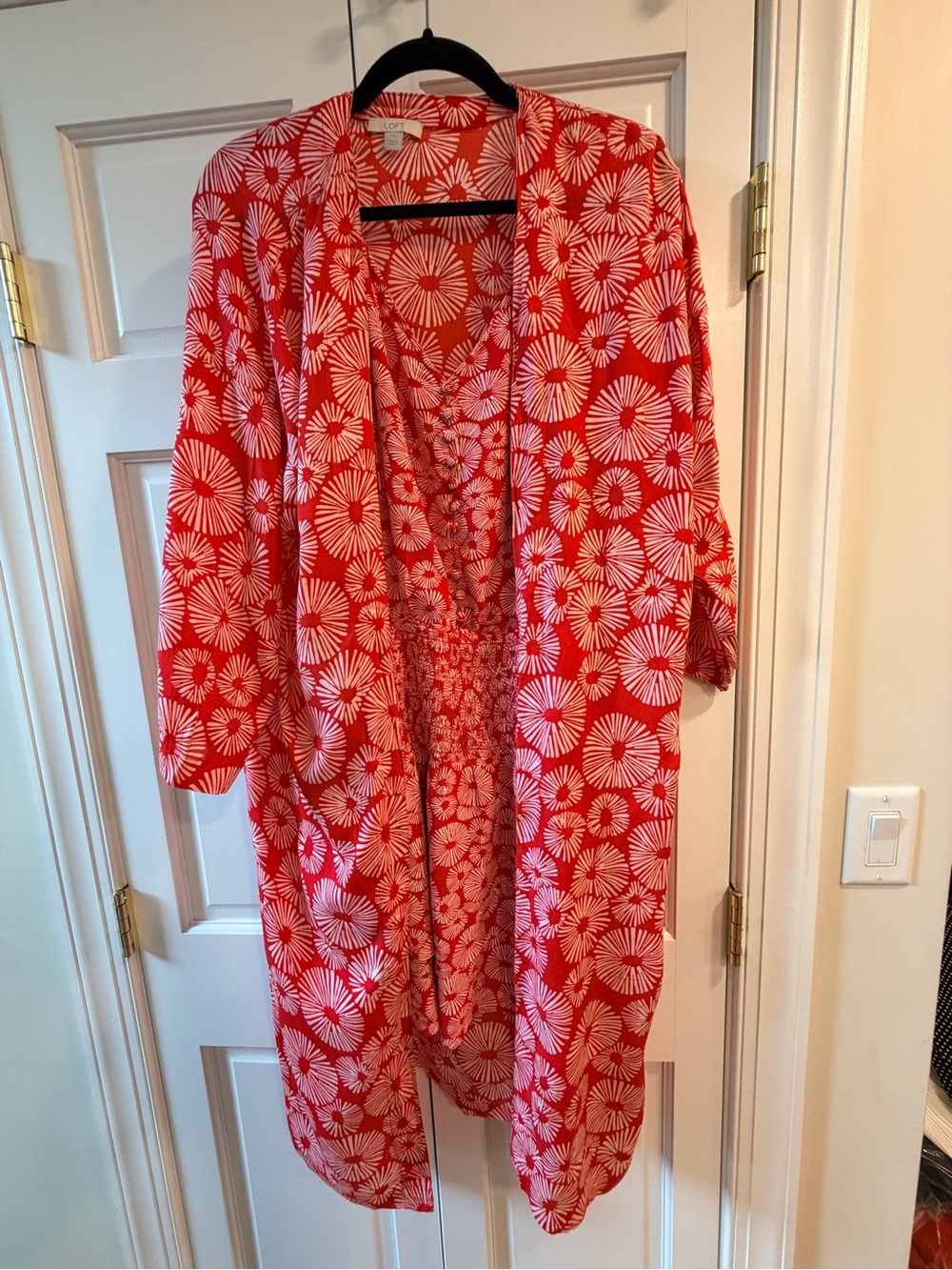 LOFT Two Piece Red and White Floral Dress with Open-Front Kimono Duster.
